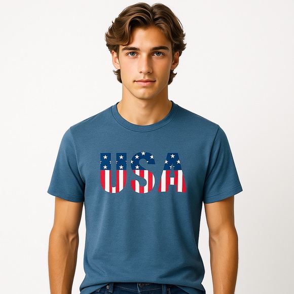 Hybrid USA Flag Graphic Tee Heather Blue Medium Patriotic Stars Stripes T-Shirt - Picture 1 of 7